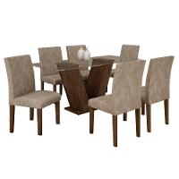 Conjunto Sala De Jantar Mesa Chocolate Com Suede Pena Bege Tampo De Vidro E 6 Cadeiras - 1
