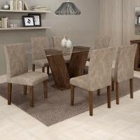 Conjunto Sala De Jantar Mesa Chocolate Com Suede Pena Bege Tampo De Vidro E 6 Cadeiras - 2