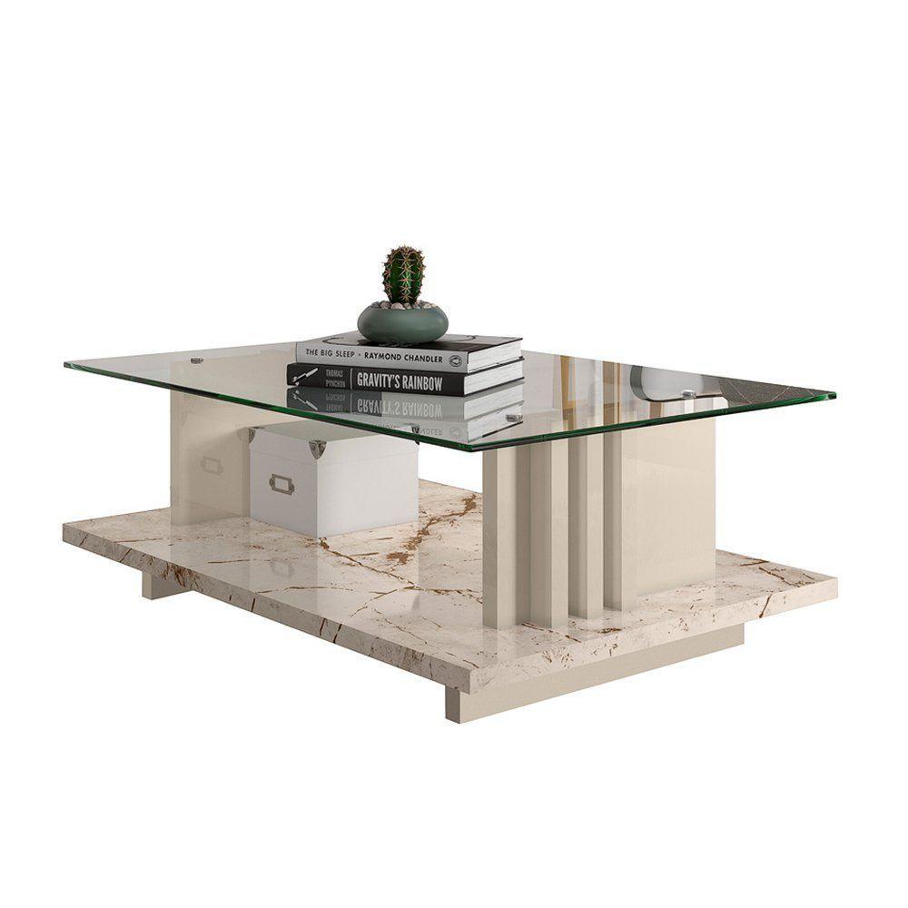 Mesa De Centro Com Vidro Frizz - 7 Decor Calacata E Off White - 1