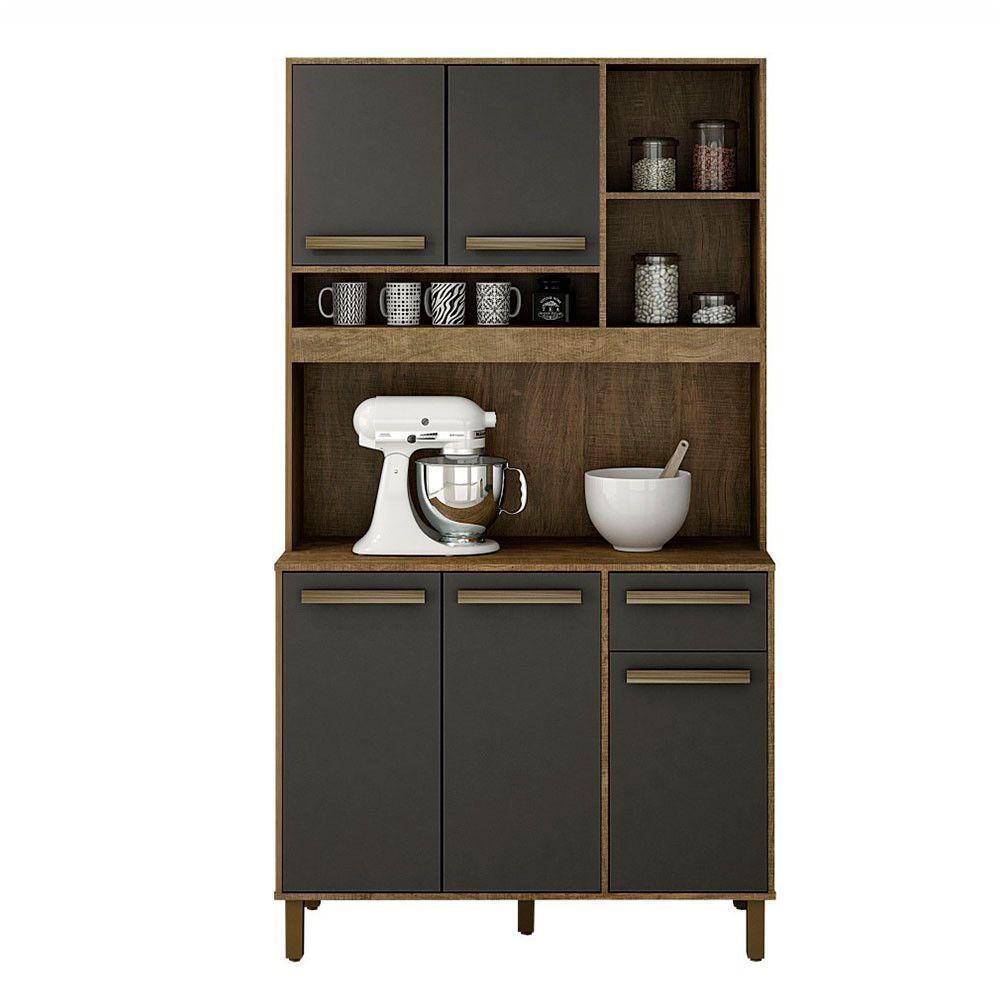 Armário De Cozinha Ametista Cinamomo Com Grafite 5 Portas 1 Gaveta E Nichos Cinamomo Com Grafite - 1