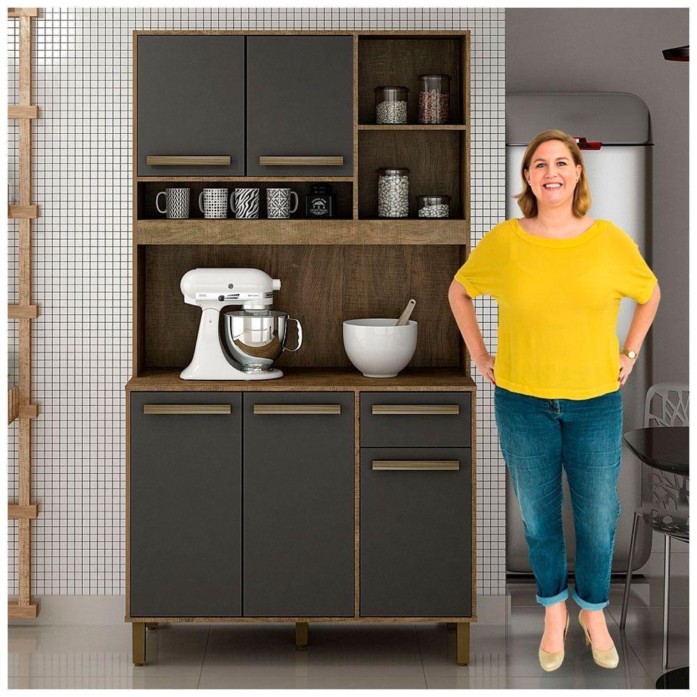 Armário De Cozinha Ametista Cinamomo Com Grafite 5 Portas 1 Gaveta E Nichos Cinamomo Com Grafite - 3