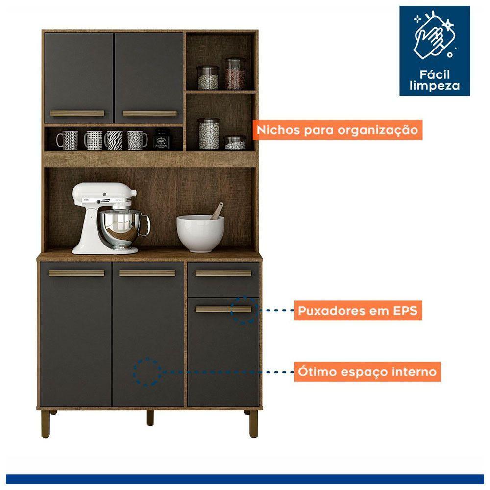 Armário De Cozinha Ametista Cinamomo Com Grafite 5 Portas 1 Gaveta E Nichos Cinamomo Com Grafite - 4