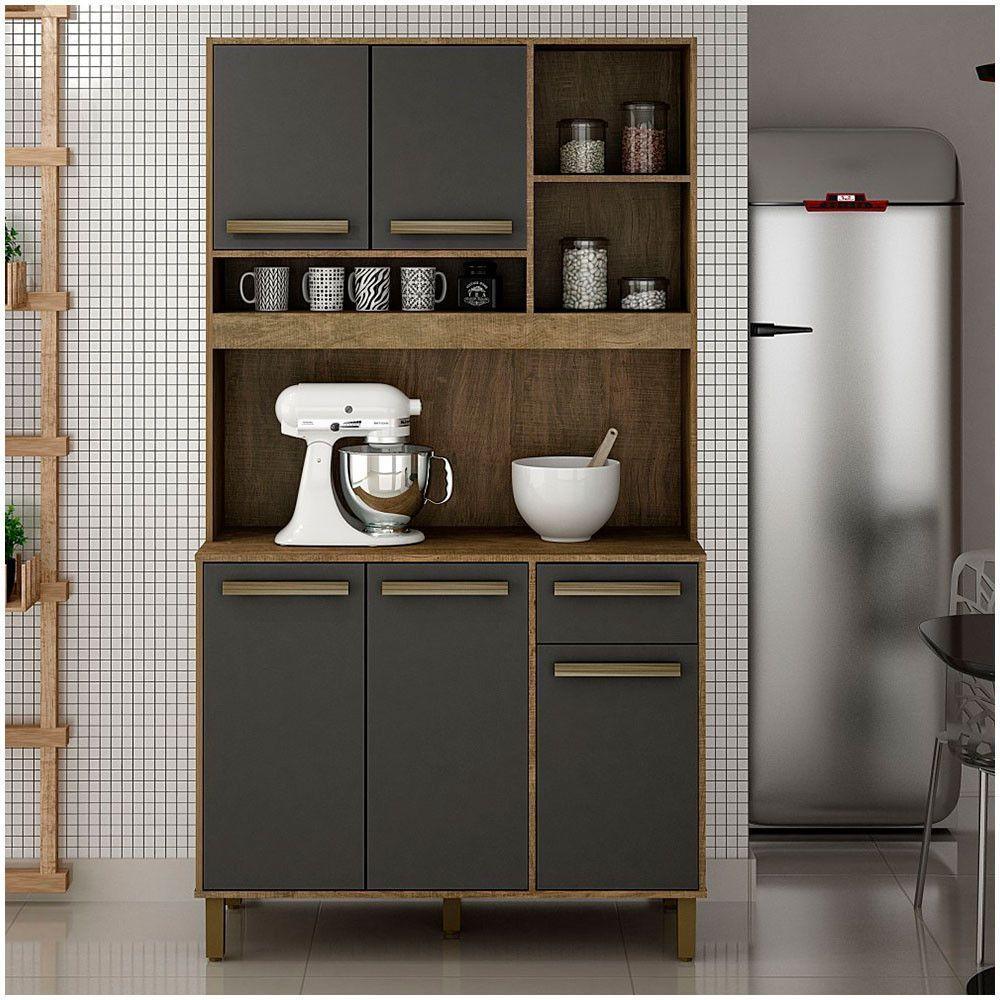 Armário De Cozinha Ametista Cinamomo Com Grafite 5 Portas 1 Gaveta E Nichos Cinamomo Com Grafite - 7