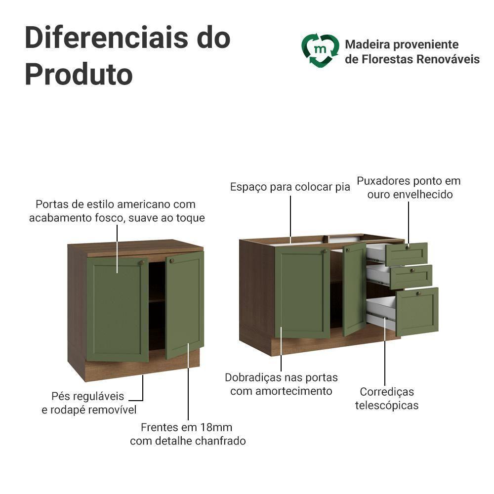 Kit Com 2 Balcões De Cozinha 3 Gavetas 4 Portas (sem Tampo E Pia) Rustic/verde Vik Madesa 01 Rustic/verde - 4