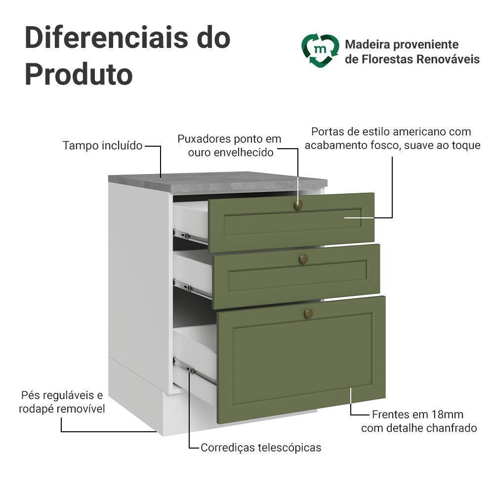 Balcão De Cozinha 60 Cm 3 Gavetas Branco/verde Vik Madesa Branco/verde - 3
