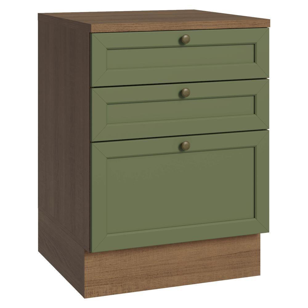 Balcão De Cozinha 60 Cm 3 Gavetas Rustic/verde Vik Madesa Rustic/verde - 1