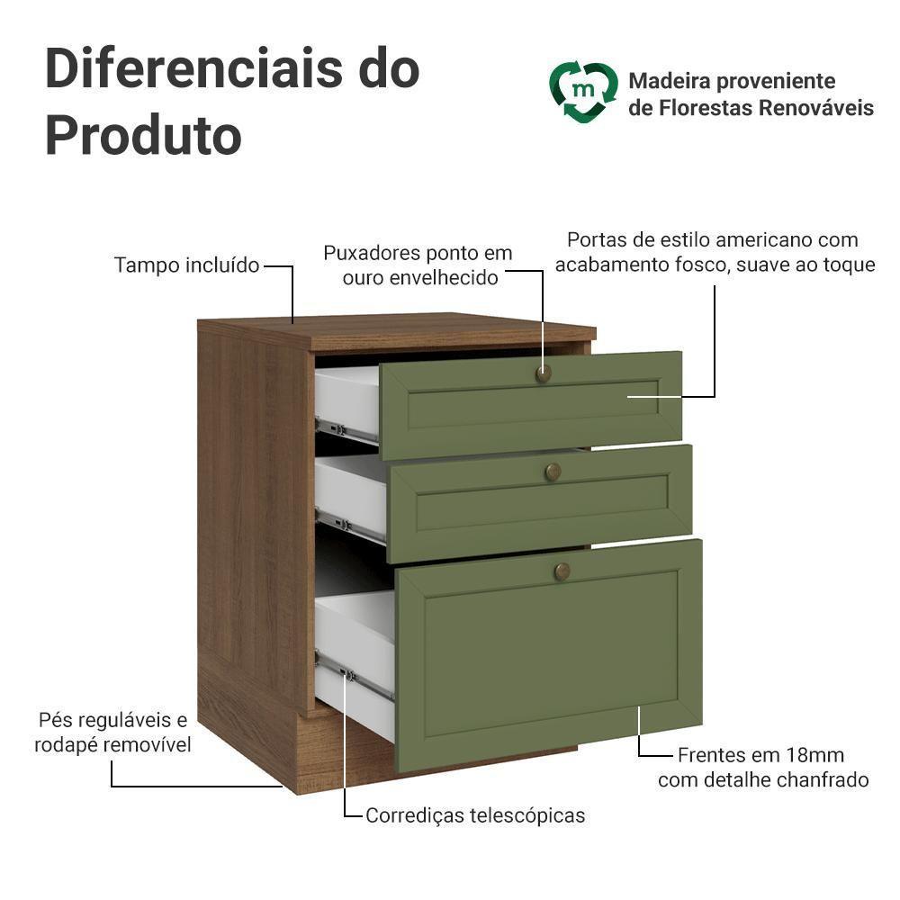 Balcão De Cozinha 60 Cm 3 Gavetas Rustic/verde Vik Madesa Rustic/verde - 3