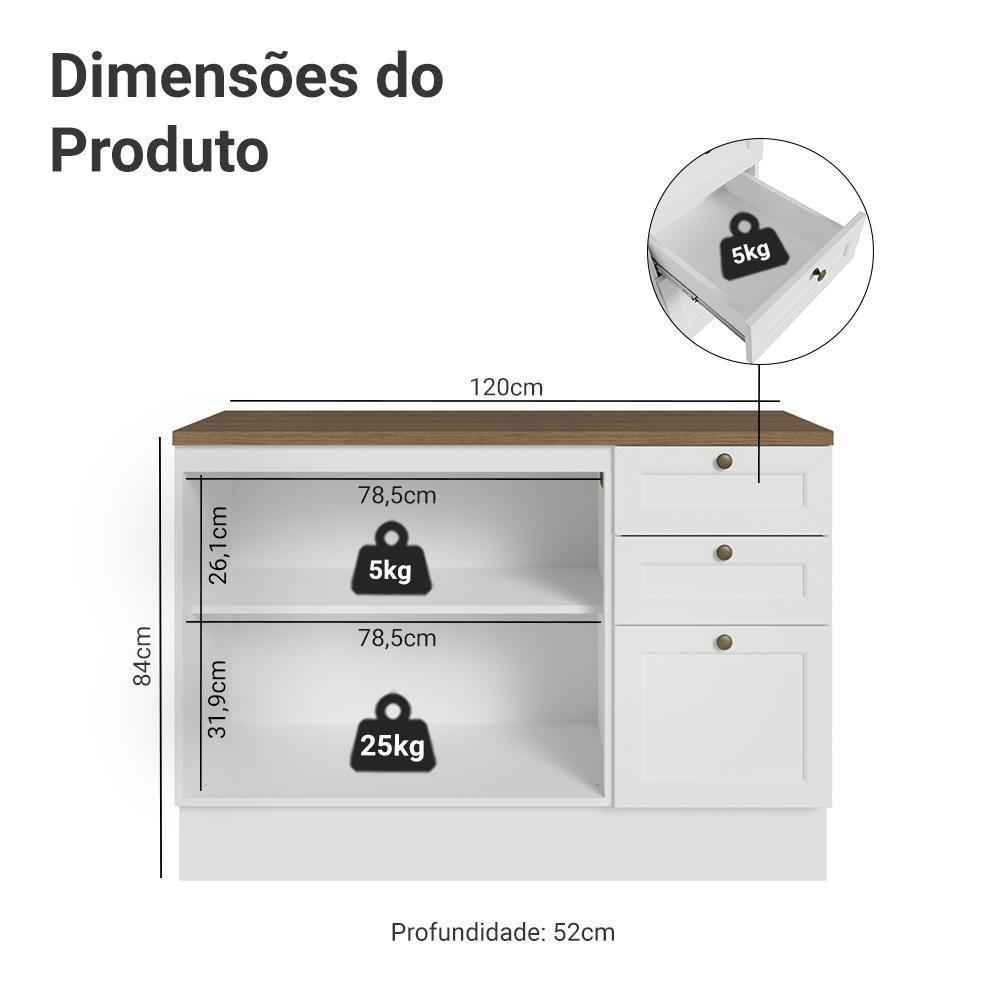 Balcão De Cozinha 120 Cm 2 Portas 3 Gavetas Branco Tampo Rustic Vik Madesa Branco/rustic - 2