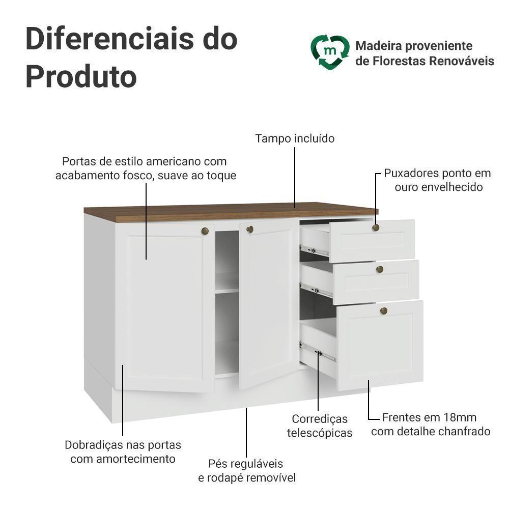 Balcão De Cozinha 120 Cm 2 Portas 3 Gavetas Branco Tampo Rustic Vik Madesa Branco/rustic - 3