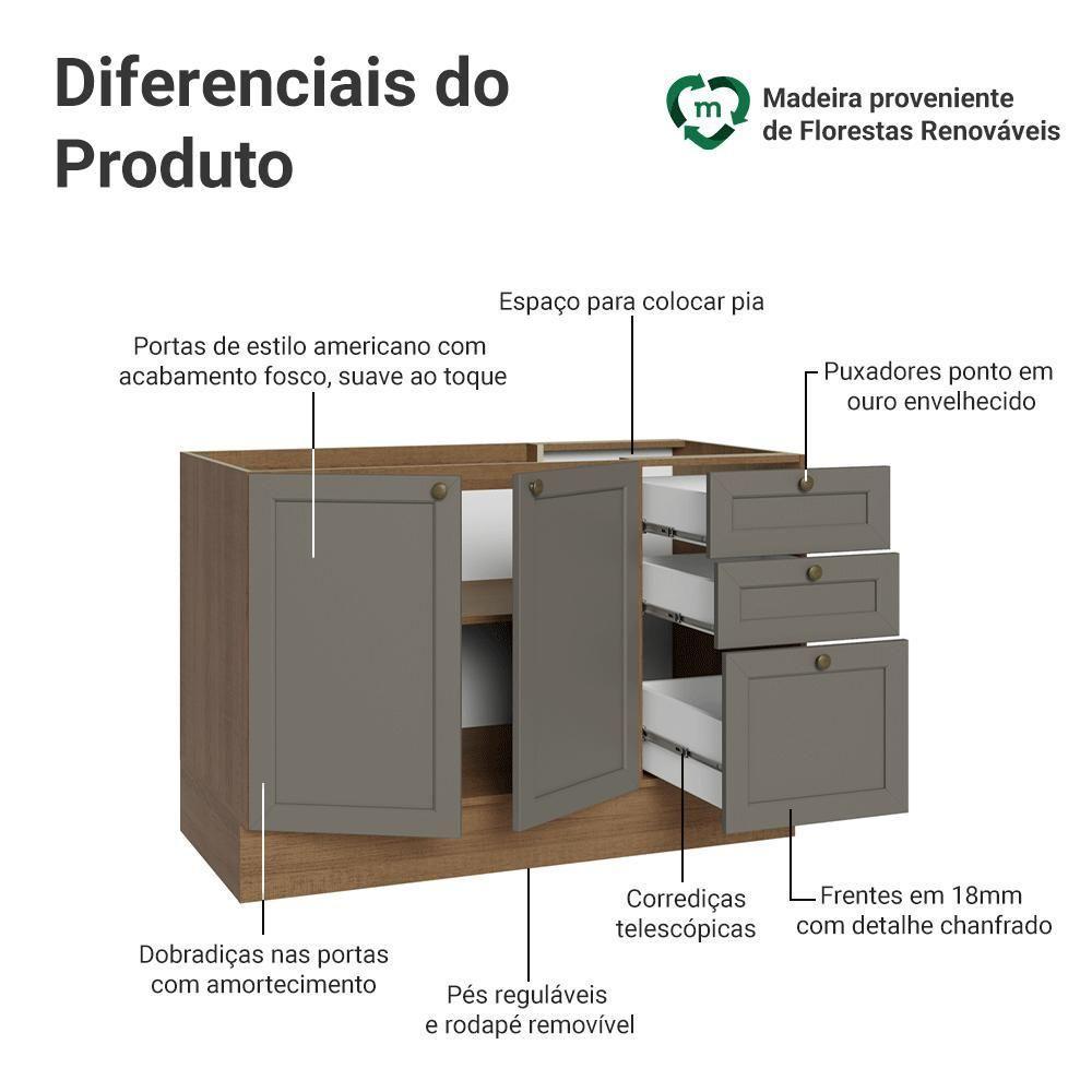 Balcão De Pia 120 Cm 2 Portas 3 Gavetas (sem Tampo) Rustic/cinza Vik Madesa Rustic/cinza - 3