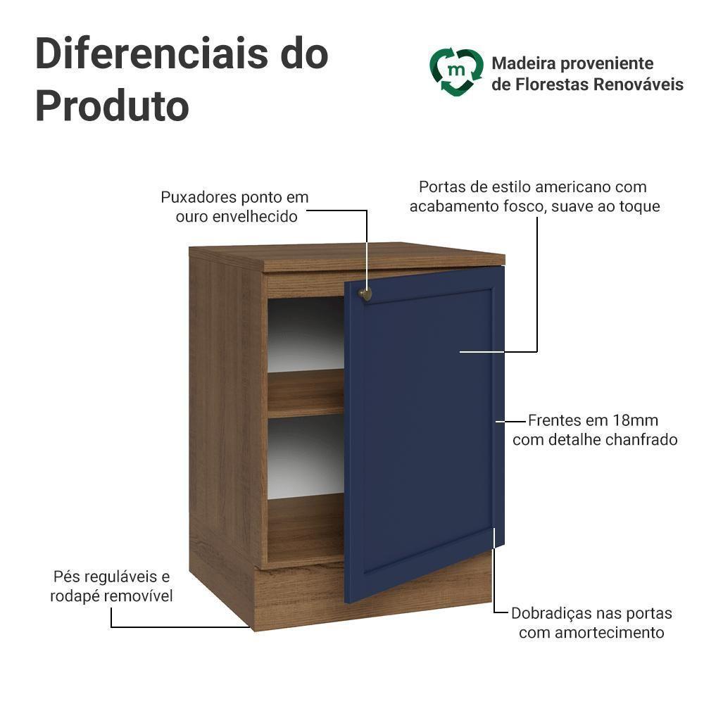 Balcão De Cozinha 60 Cm 1 Porta Rustic/azul Vik Madesa Rustic/azul - 3