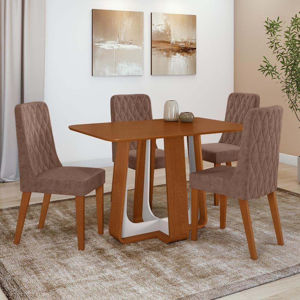 Conjunto Sala De Jantar Mesa Easy Pop 120x80cm Tampo Mdf Com 4 Cadeiras Seat Couro Morano Avelã Frassino/off White - 1