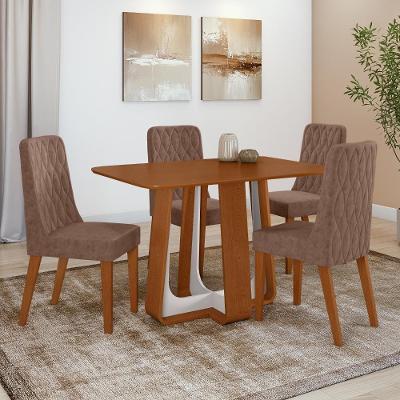 Conjunto Sala De Jantar Mesa Easy Pop 120x80cm Tampo Mdf Com 4 Cadeiras Seat Couro Morano Avelã Frassino/off White