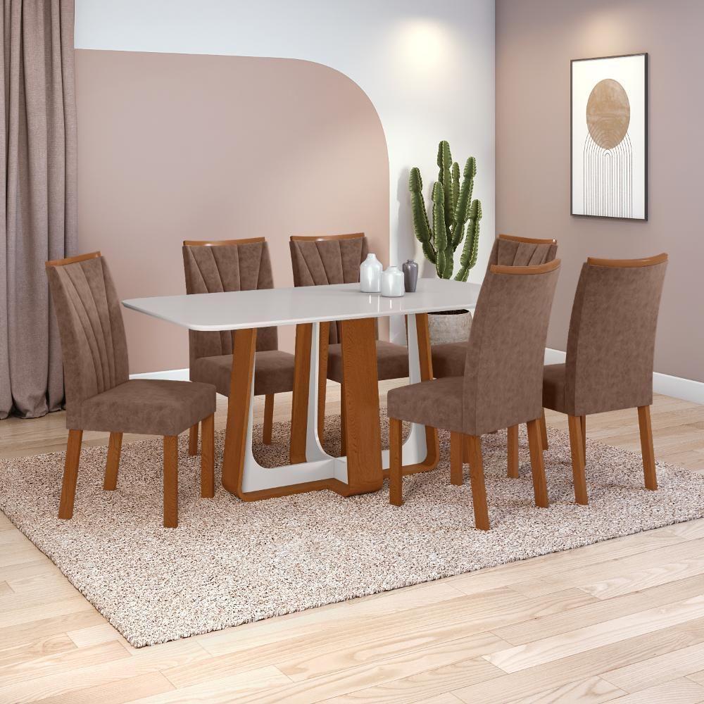 Conjunto Sala De Jantar Mesa Easy Pop 170x90cm Tampo Vidro/mdf Com 6 Cadeiras Confort Couro Avelã Frassino/off White - 1