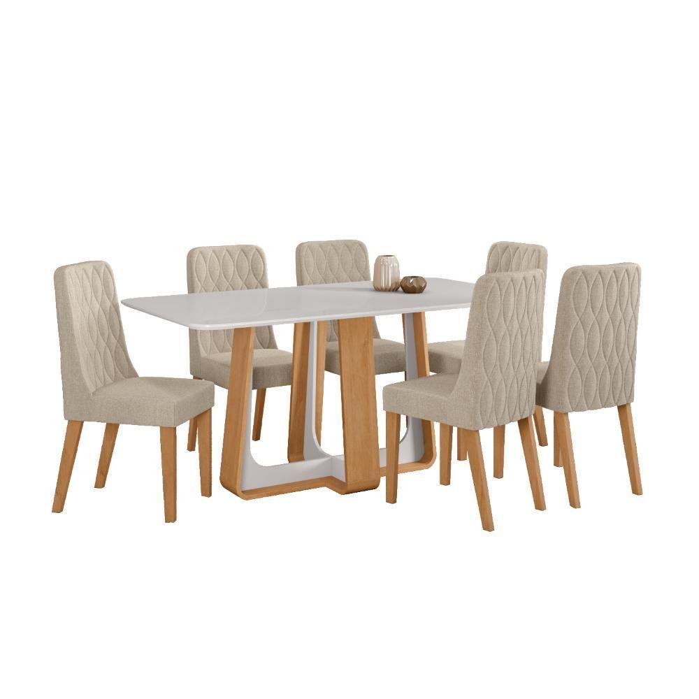 Conjunto Sala De Jantar Mesa Easy Pop 170x90cm Tampo Vidro/mdf Com 6 Cadeiras Seat Linho Rinzai Bege Amendoa/off White - 2