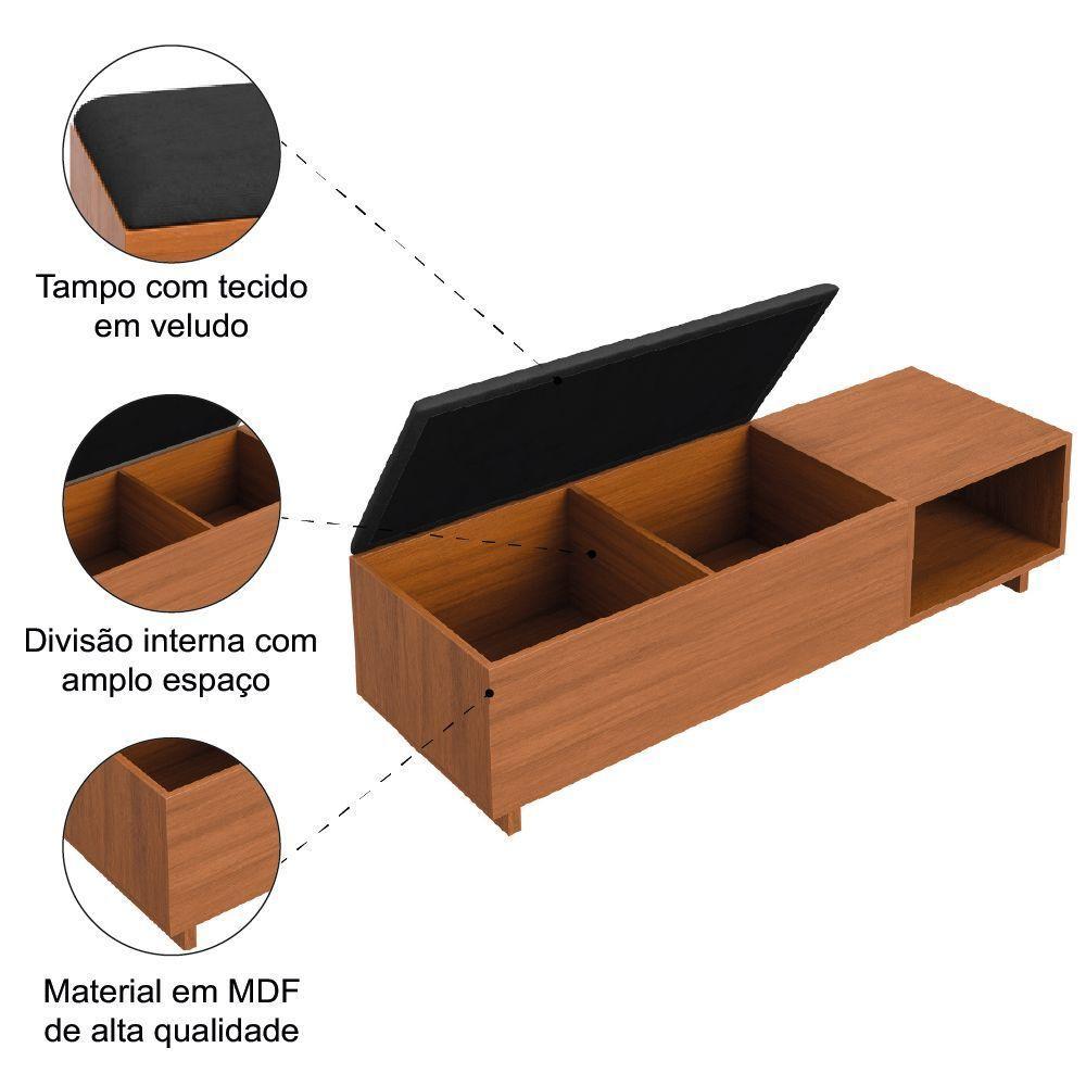 Calçadeira Com Baú Para Quarto Casal Veludo Malaga Madeirado / Preto Dobuê - 4