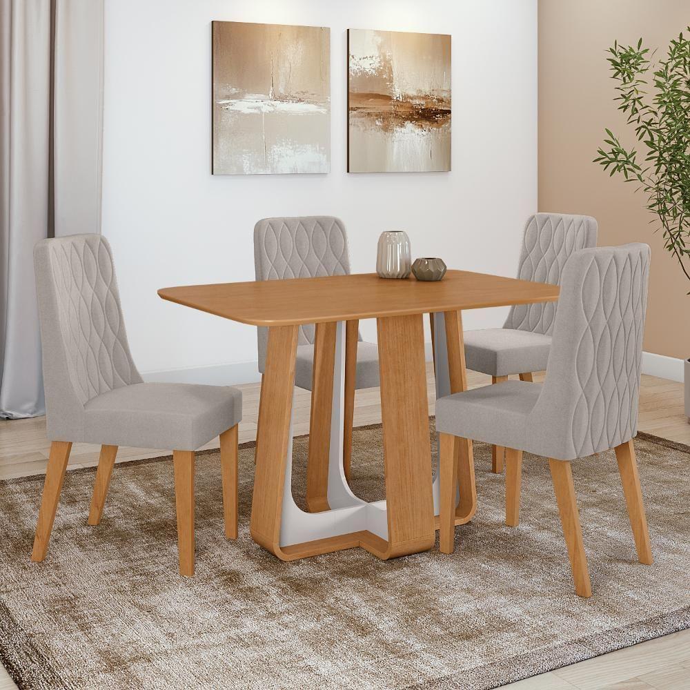 Conjunto Sala De Jantar Mesa Easy Pop 120x80cm Tampo Mdf Com 4 Cadeiras Seat Veludo Liso Capuccino Amendoa Off White - 1