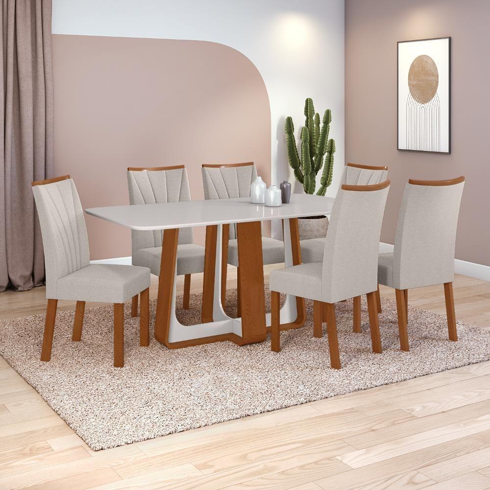 Conjunto Sala De Jantar Mesa Easy Pop 170x90cm Tampo Vidro/mdf Com 6 Cadeiras Confort Linho Cinza Frassino/off White - 1