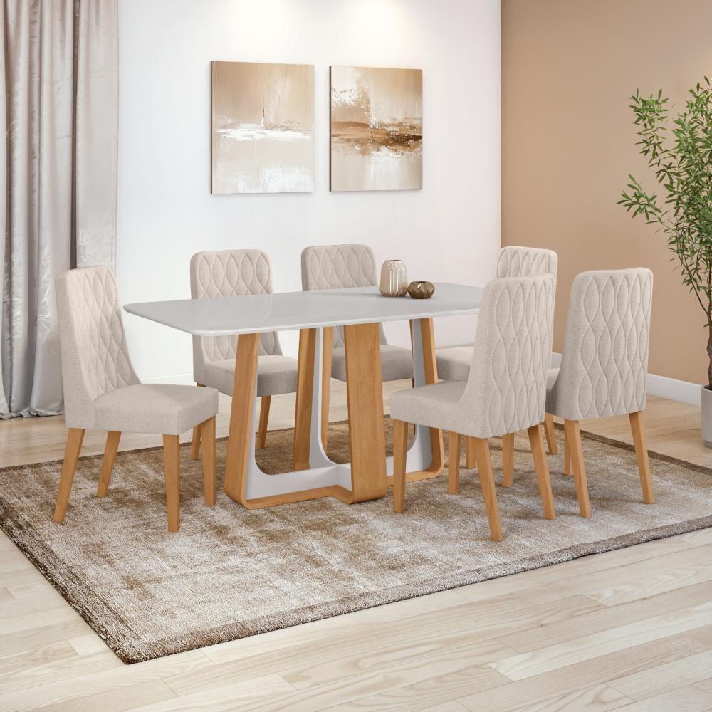 Conjunto Sala De Jantar Mesa Easy Pop 170x90cm Tampo Vidro/mdf Com 6 Cadeiras Seat Boucle Bege Amendoa/off White - 1