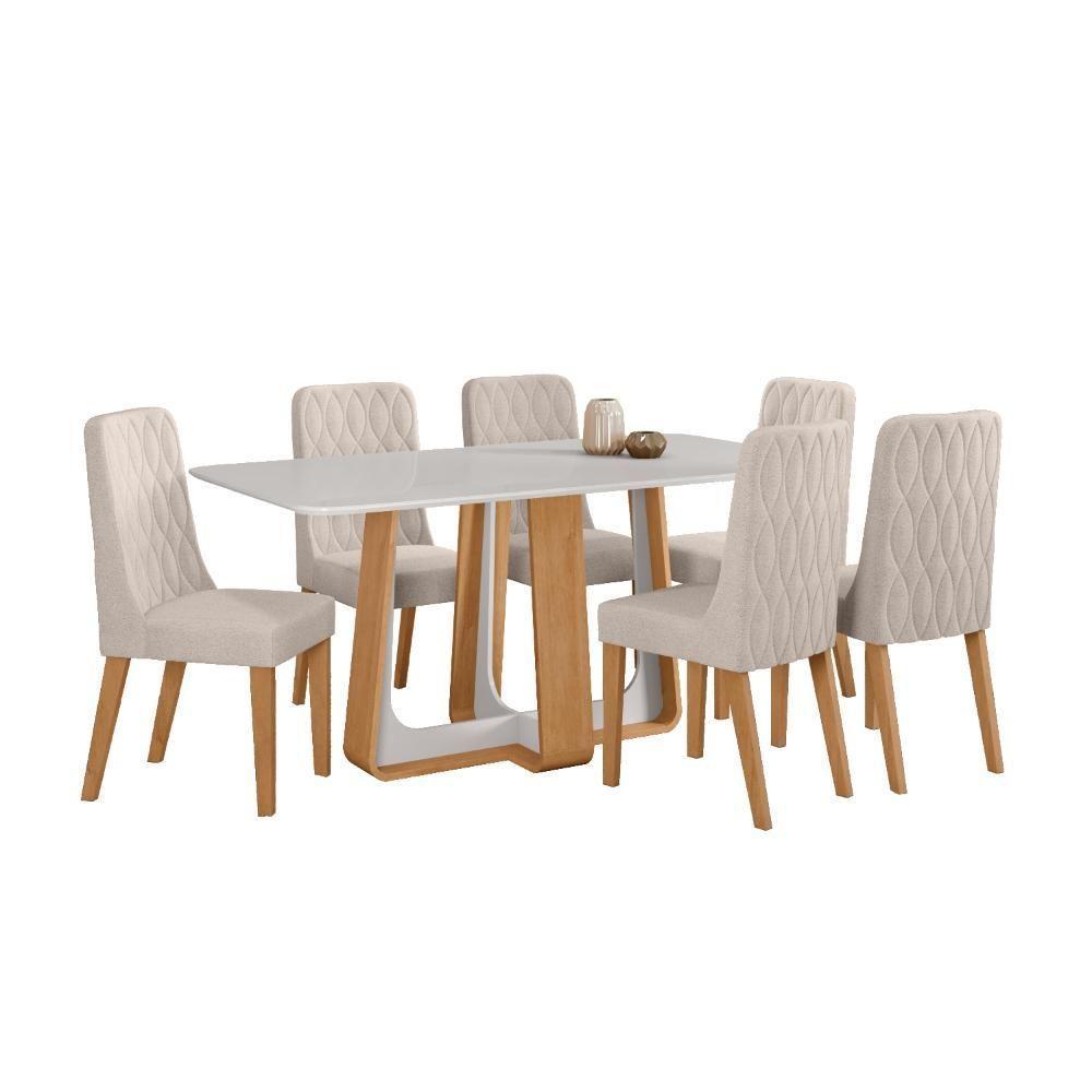 Conjunto Sala De Jantar Mesa Easy Pop 170x90cm Tampo Vidro/mdf Com 6 Cadeiras Seat Boucle Bege Amendoa/off White - 2