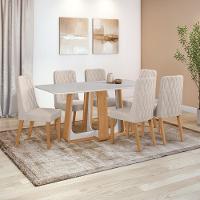Conjunto Sala De Jantar Mesa Easy Pop 170x90cm Tampo Vidro/mdf Com 6 Cadeiras Seat Boucle Bege Amendoa/off White - 1