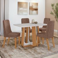 Conjunto Sala De Jantar Mesa Easy Pop 120x80cm Tampo Vidro/mdf Com 4 Cadeiras Seat Couro Morano Avelã Amendoa Off White - 1