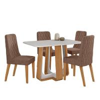 Conjunto Sala De Jantar Mesa Easy Pop 120x80cm Tampo Vidro/mdf Com 4 Cadeiras Seat Couro Morano Avelã Amendoa Off White