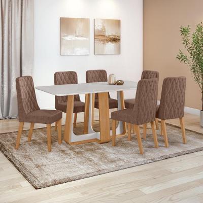 Conjunto de Jantar Easy Pop 6 Lugares Tampo Vidro MDF Off White 170x90cm com Cadeiras Estofadas