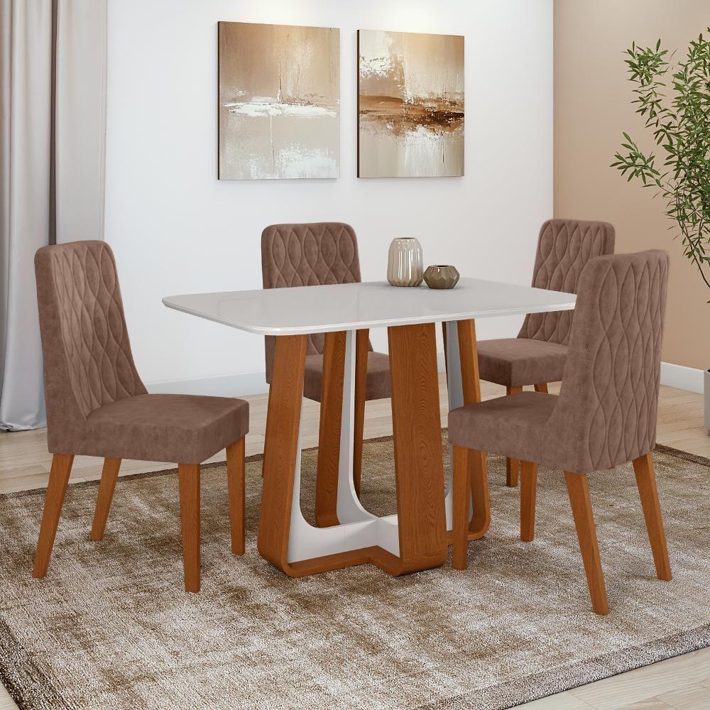 Conjunto Sala De Jantar Mesa Easy Pop 120x80cm Tampo Vidro/mdf Com 4 Cadeiras Seat Couro Morano Avelã Frassino/off White - 1