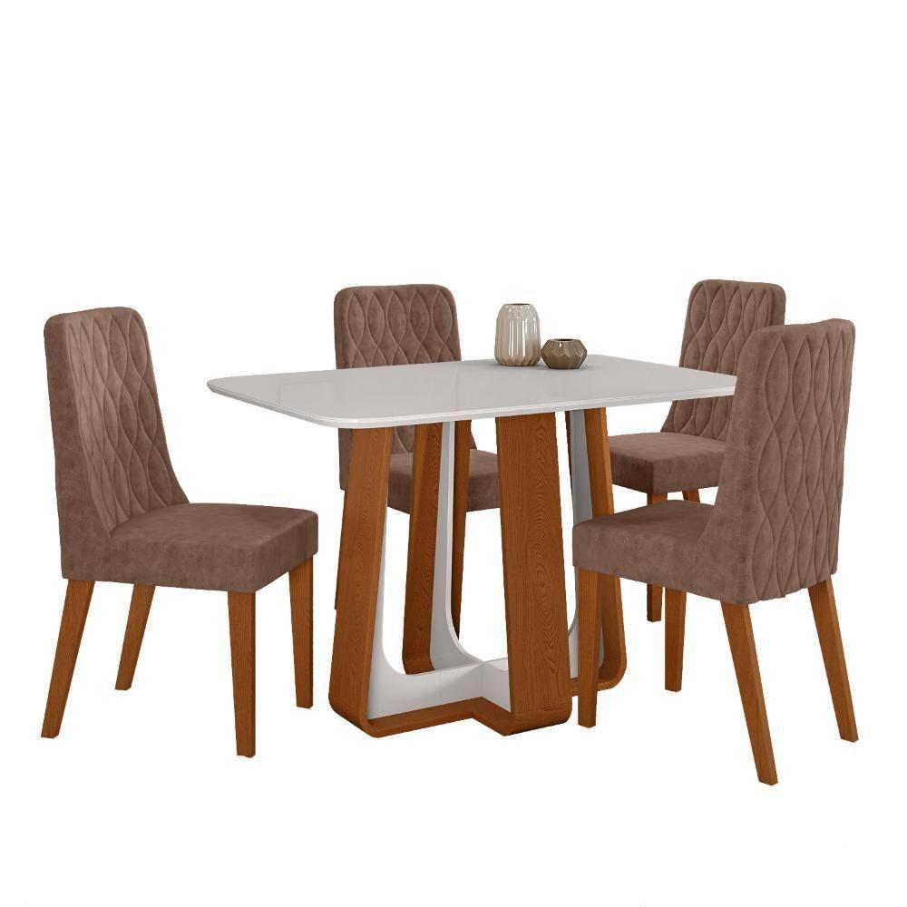 Conjunto Sala De Jantar Mesa Easy Pop 120x80cm Tampo Vidro/mdf Com 4 Cadeiras Seat Couro Morano Avelã Frassino/off White - 4