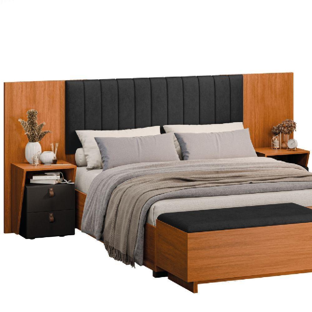 Cabeceira Extensível 1,40/1,60m Estofado Com 2 Mesas De Apoio Malaga Dobuê Madeirado Preto - 1