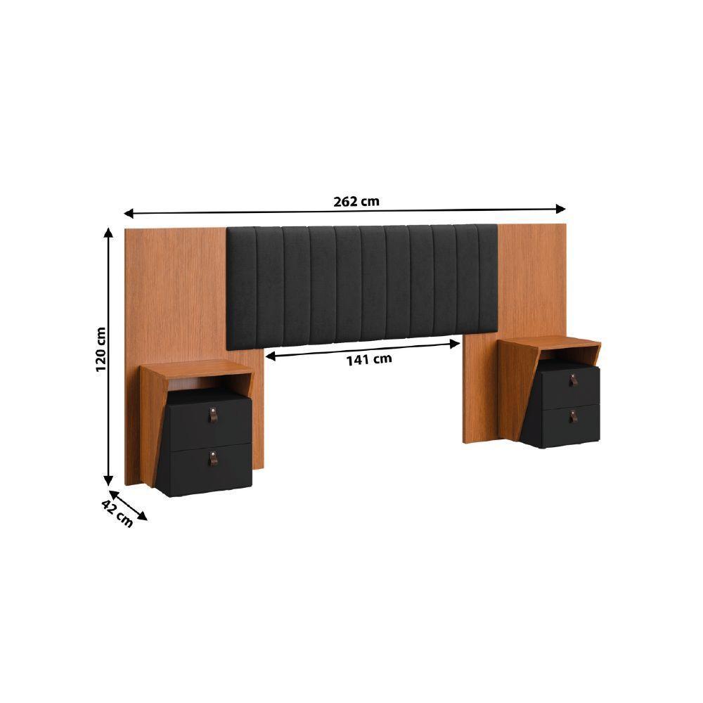 Cabeceira Extensível 1,40/1,60m Estofado Com 2 Mesas De Apoio Malaga Dobuê Madeirado Preto - 3
