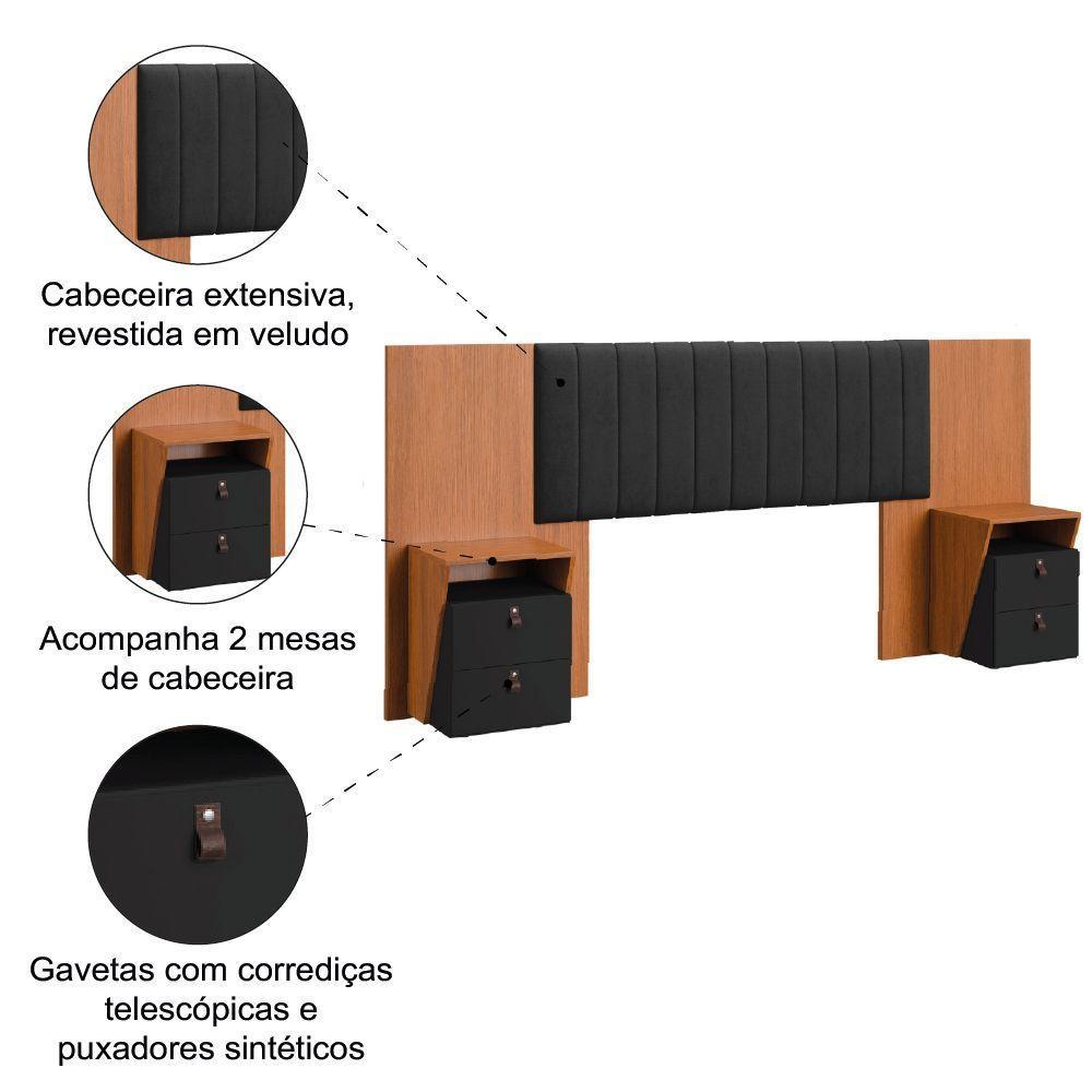 Cabeceira Extensível 1,40/1,60m Estofado Com 2 Mesas De Apoio Malaga Dobuê Madeirado Preto - 4
