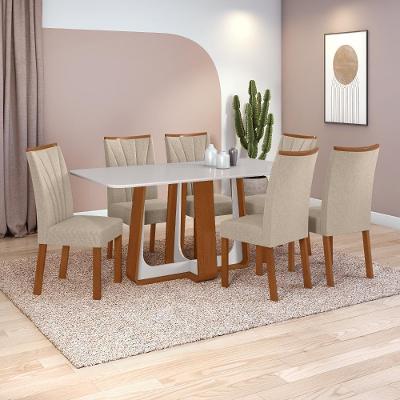 Conjunto Sala De Jantar Mesa Easy Pop 170x90cm Tampo Vidro/mdf Com 6 Cadeiras Confort Linho Bege Frassino/off White