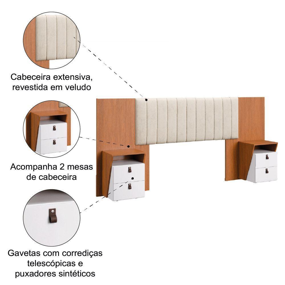 Cabeceira Extensível 1,40/1,60m Estofado Com 2 Mesas De Apoio Malaga Dobuê Madeirado / Off White - 4