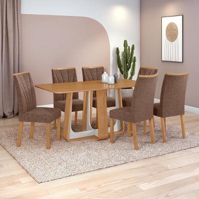 Conjunto de Jantar Easy Pop 6 Lugares Tampo MDF com Cadeiras Couro Morano Avelã Amêndoa Off White