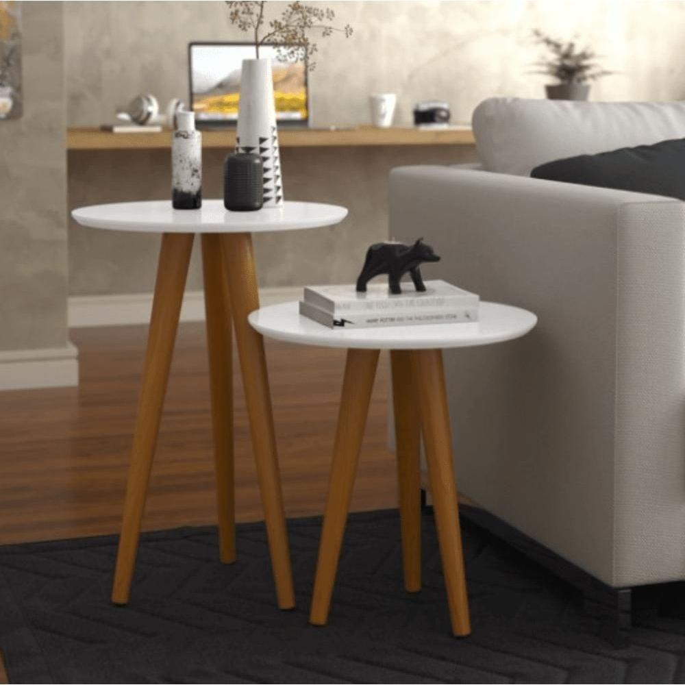 Conjunto 2 Mesas Laterais Pés Palito Em Madeira 4202 Sala Branco - 1