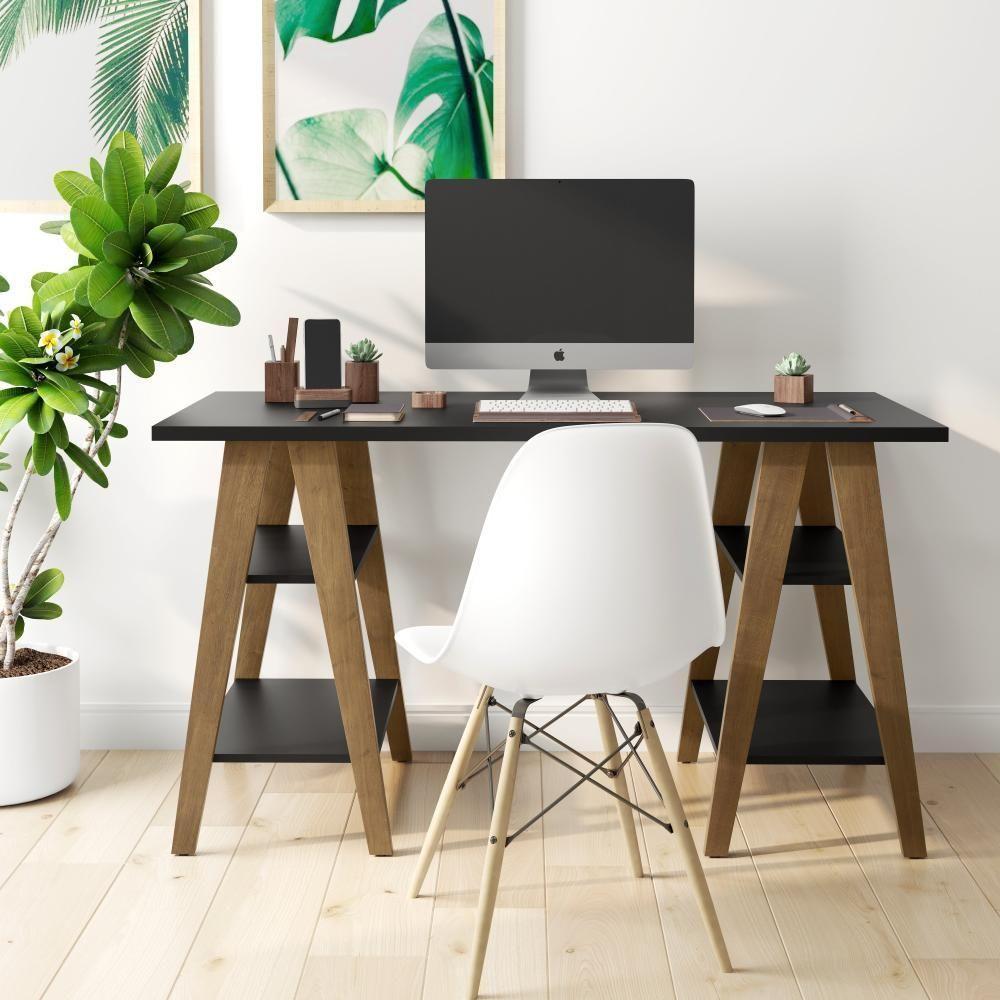 Mesa Escrivaninha Cavalete 1,35x0,66 Tampo 30mm 4 Prateleiras Pes Madeira Preto - Ofertamo - 1