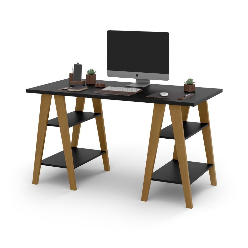 Mesa Escrivaninha Cavalete 1,35x0,66 Tampo 30mm 4 Prateleiras Pes Madeira Preto - Ofertamo - 2