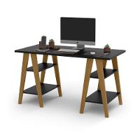 Mesa Escrivaninha Cavalete 1,35x0,66 Tampo 30mm 4 Prateleiras Pes Madeira Preto - Ofertamo - 2