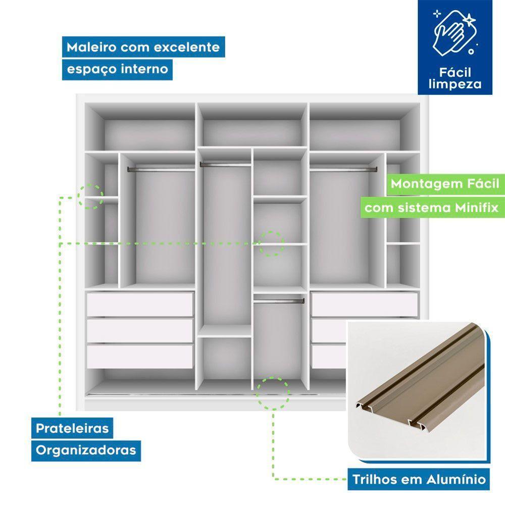 Guarda Roupa Casal Ravena Branco Com 9 Espelhos 3 Portas Minastex - 8
