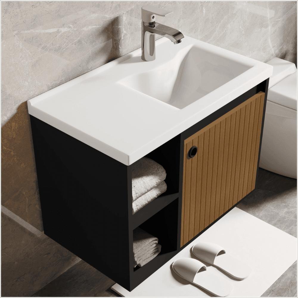 Conj Gabinete C/ Espelheira E Cuba Para Banheiro Adonis Preto Ripado - 2