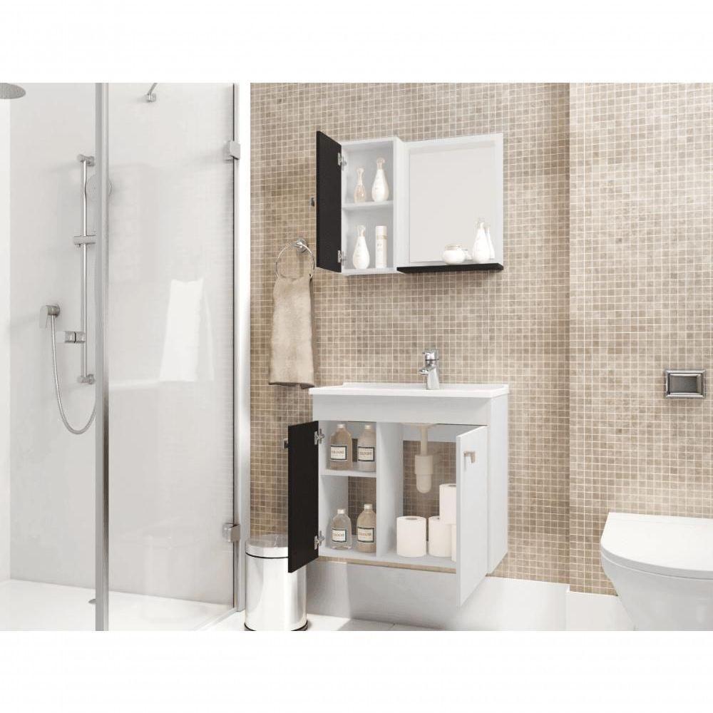 Conj Gabinete E Espelheira Munique P/ Banheiro Branco/preto Fosco - 2