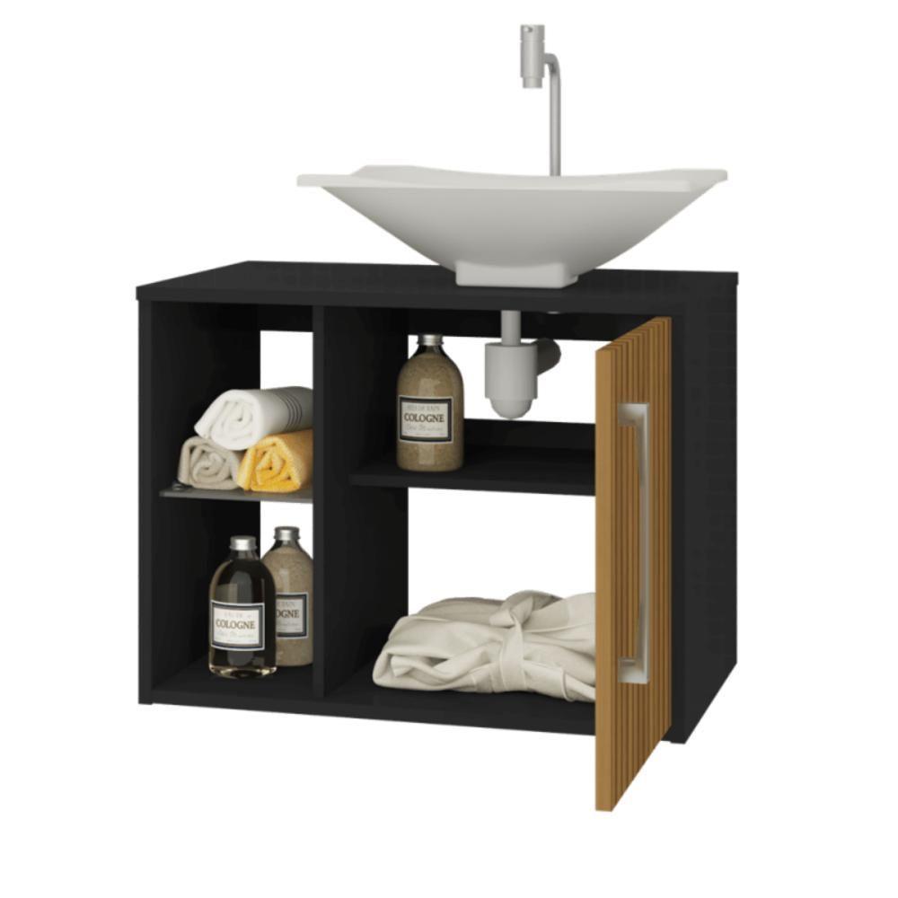 Conj Gabinete E Espelheira Bremen P/ Banheiro Preto/ripado - 3