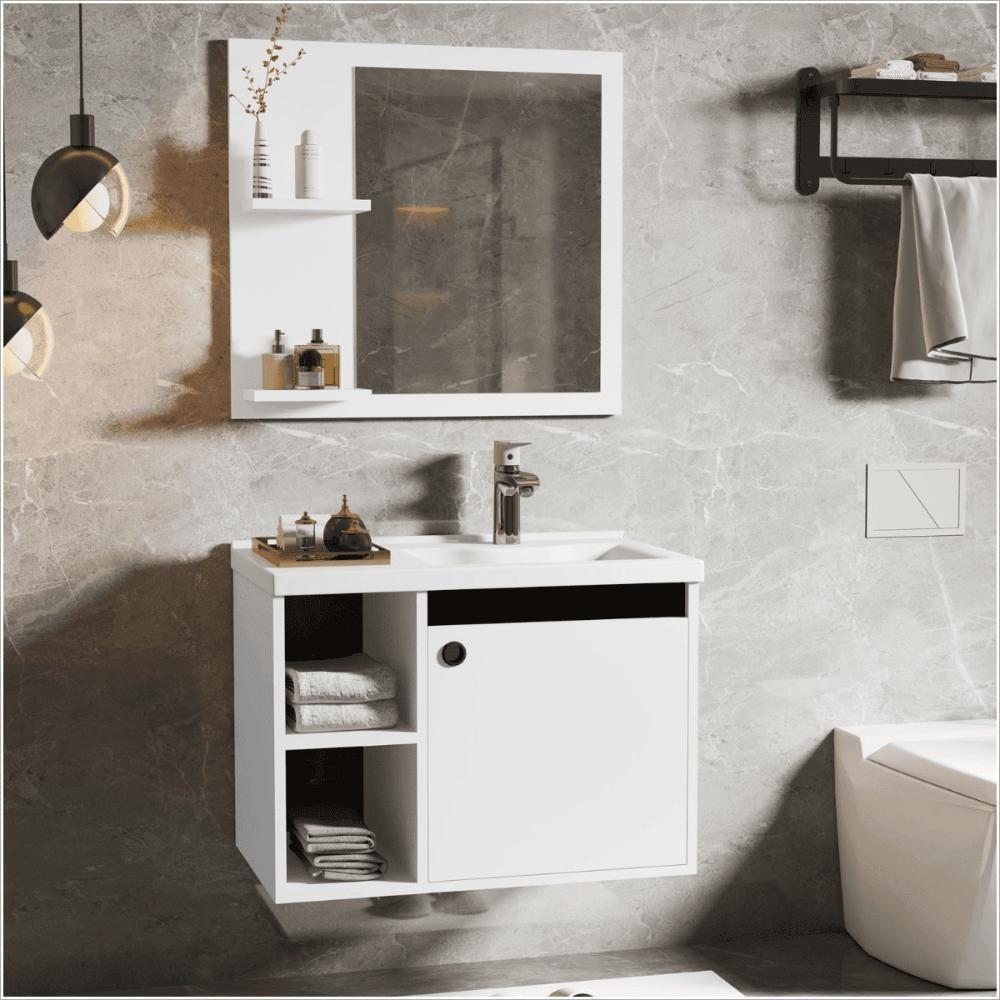 Conj Gabinete C/ Espelheira E Cuba Para Banheiro éden Branco Com Preto - 1