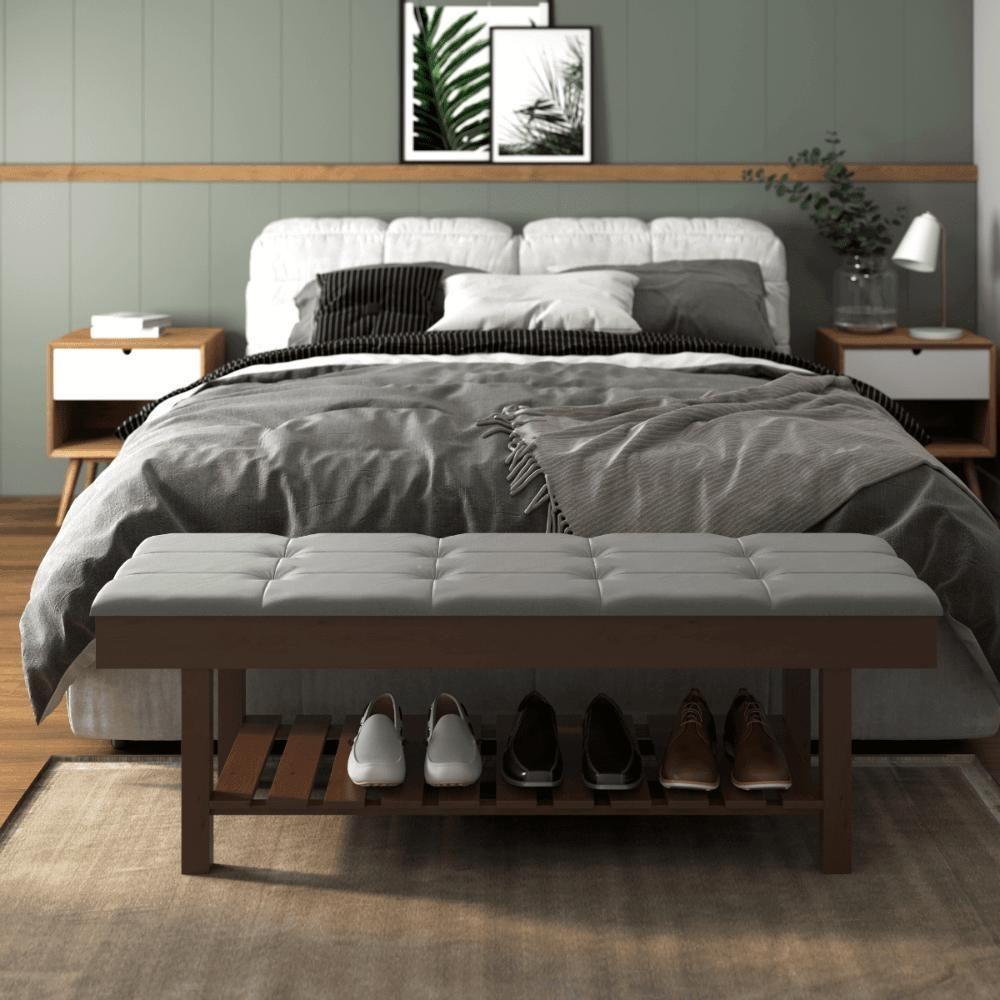 Banco Em Madeira Almofadado Com Sapateira Cinza Pena - 2