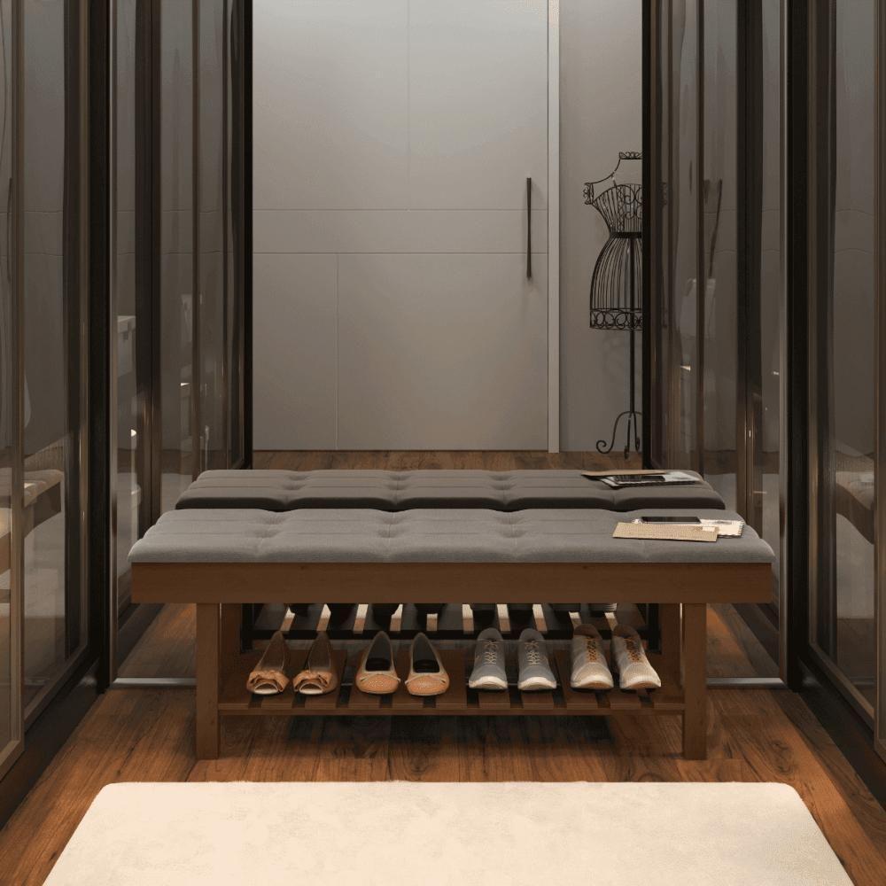 Banco Em Madeira Almofadado Com Sapateira Cinza Pena - 3