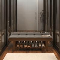 Banco Em Madeira Almofadado Com Sapateira Cinza Pena - 3