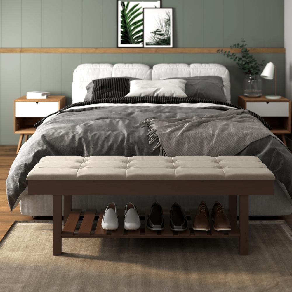 Banco Em Madeira Almofadado Com Sapateira Bege Linho - 1