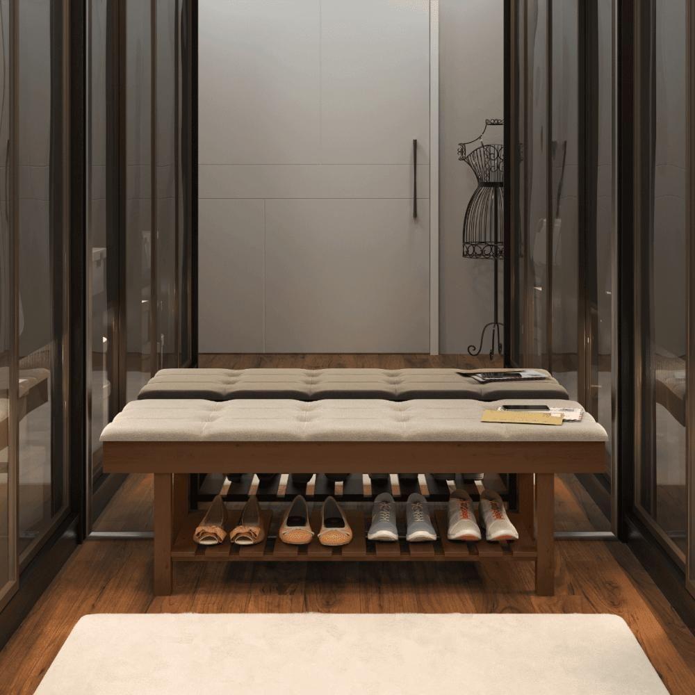 Banco Em Madeira Almofadado Com Sapateira Bege Linho - 3